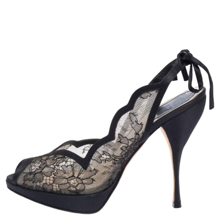 Pre Owned Dior Black Lace And Satin Open Toe Slingback Sandals Size 38