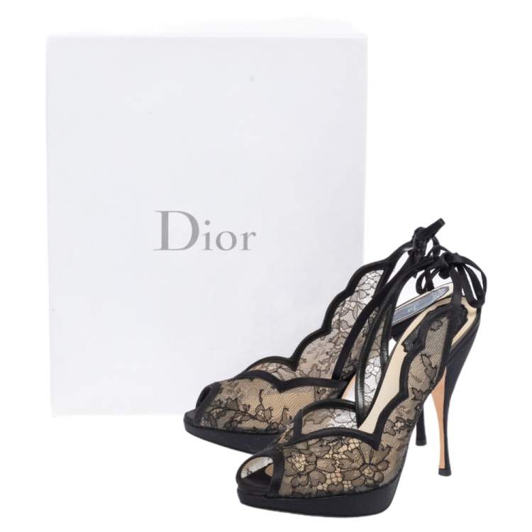 Pre Owned Dior Black Lace And Satin Open Toe Slingback Sandals Size 38