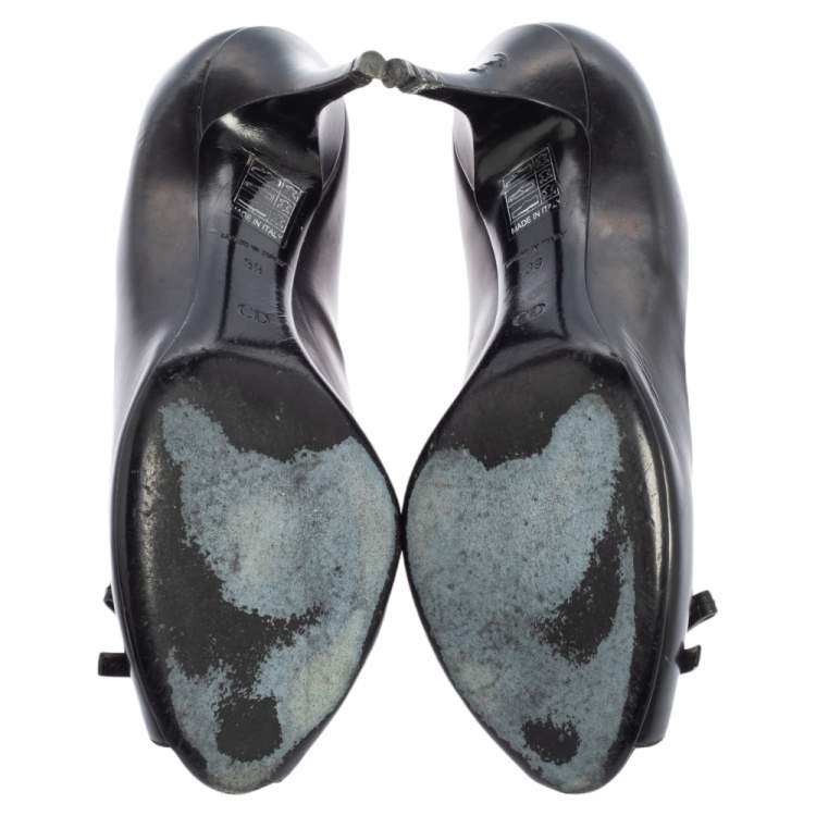Pre Owned Dior Black Leather Peep Toe Bow Pumps Size 39