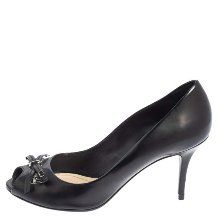 Pre Owned Dior Black Leather Peep Toe Bow Pumps Size 39