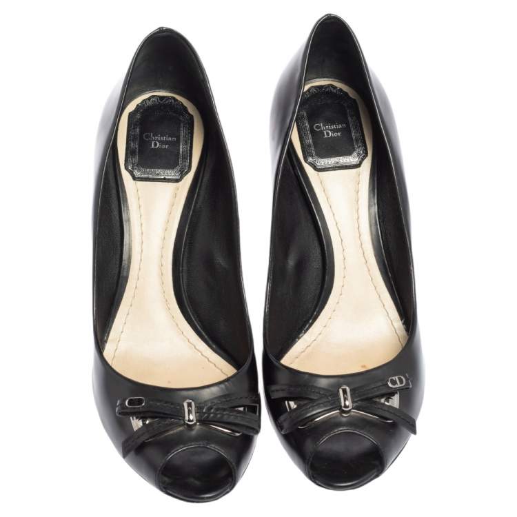 Pre Owned Dior Black Leather Peep Toe Bow Pumps Size 39