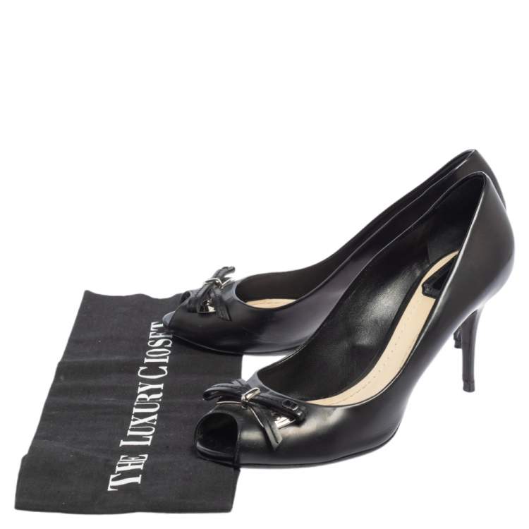 Pre Owned Dior Black Leather Peep Toe Bow Pumps Size 39