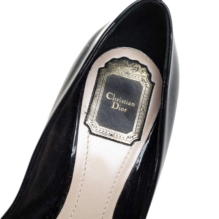 Pre Owned Dior Black Patent Leather Buckle Peep Toe Pumps Size 36