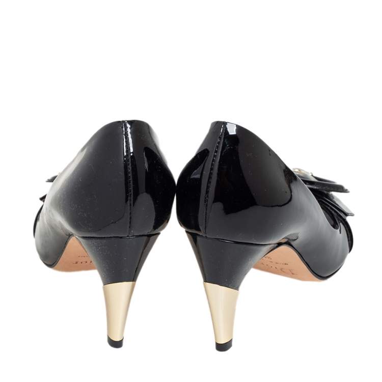 Pre Owned Dior Black Patent Leather Buckle Peep Toe Pumps Size 36