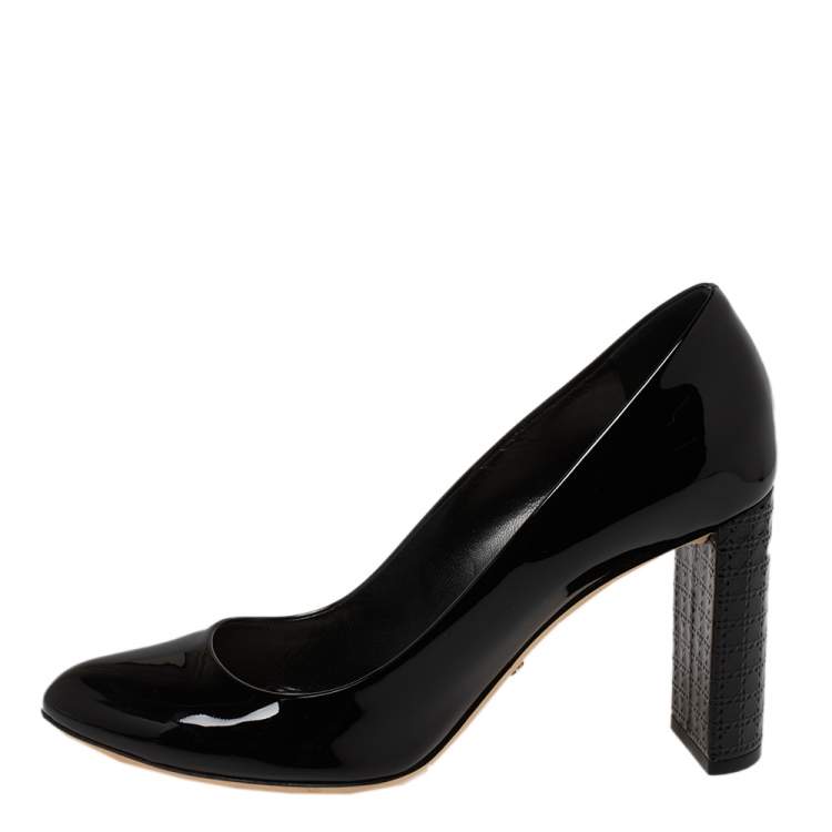 Pre Owned  Dior Black Patent Leather Cannage Block Heel Pumps Size 38