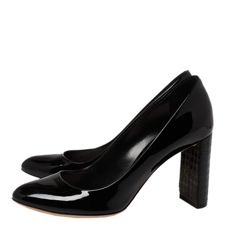 Pre Owned  Dior Black Patent Leather Cannage Block Heel Pumps Size 38