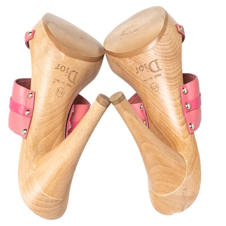 Pre Owned Dior Pink Leather Logo Embellished Slide Sandals Size 37.5
