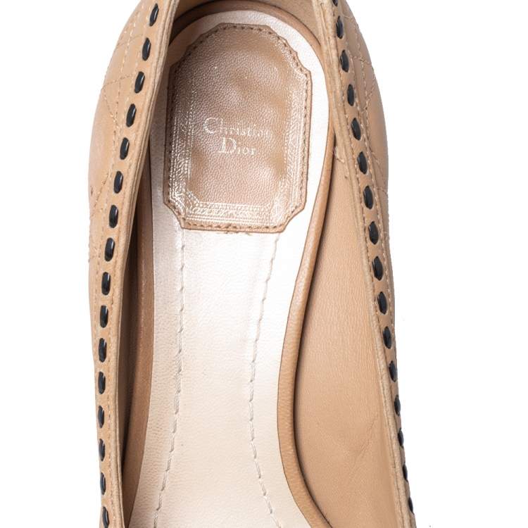 Pre Owned Dior Beige/Black Cannage Leather Bow Peep Toe Pumps Size 36.5