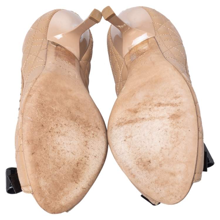 Pre Owned Dior Beige/Black Cannage Leather Bow Peep Toe Pumps Size 36.5