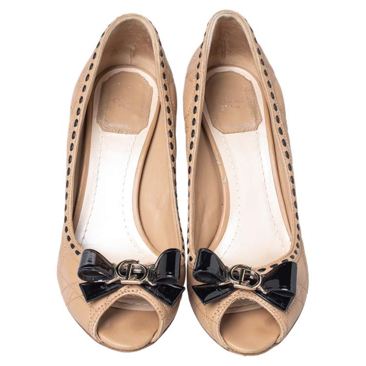 Pre Owned Dior Beige/Black Cannage Leather Bow Peep Toe Pumps Size 36.5