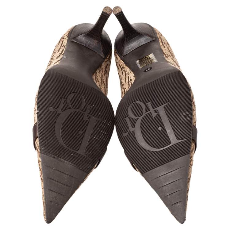 Pre Owned Dior Beige/Brown Canvas And Leather Trim Logo Embellished Pumps Size 37