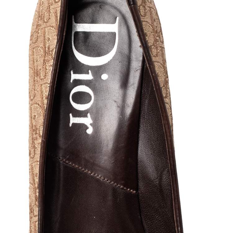 Pre Owned Dior Beige/Brown Canvas And Leather Trim Logo Embellished Pumps Size 37