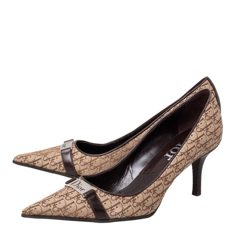Pre Owned Dior Beige/Brown Canvas And Leather Trim Logo Embellished Pumps Size 37