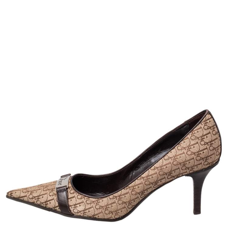 Pre Owned Dior Beige/Brown Canvas And Leather Trim Logo Embellished Pumps Size 37