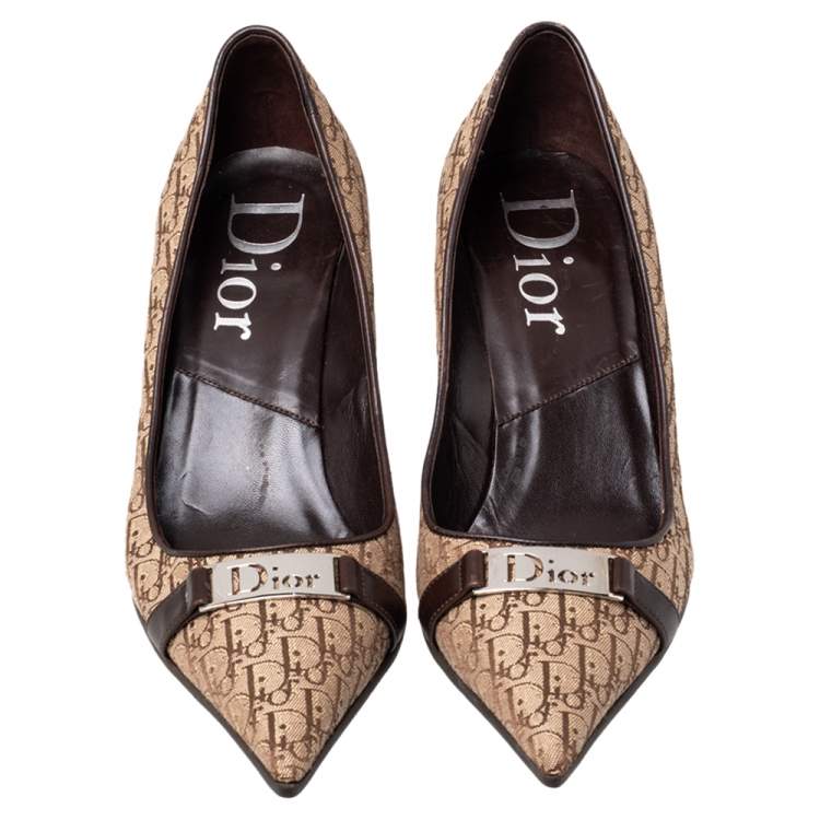Pre Owned Dior Beige/Brown Canvas And Leather Trim Logo Embellished Pumps Size 37