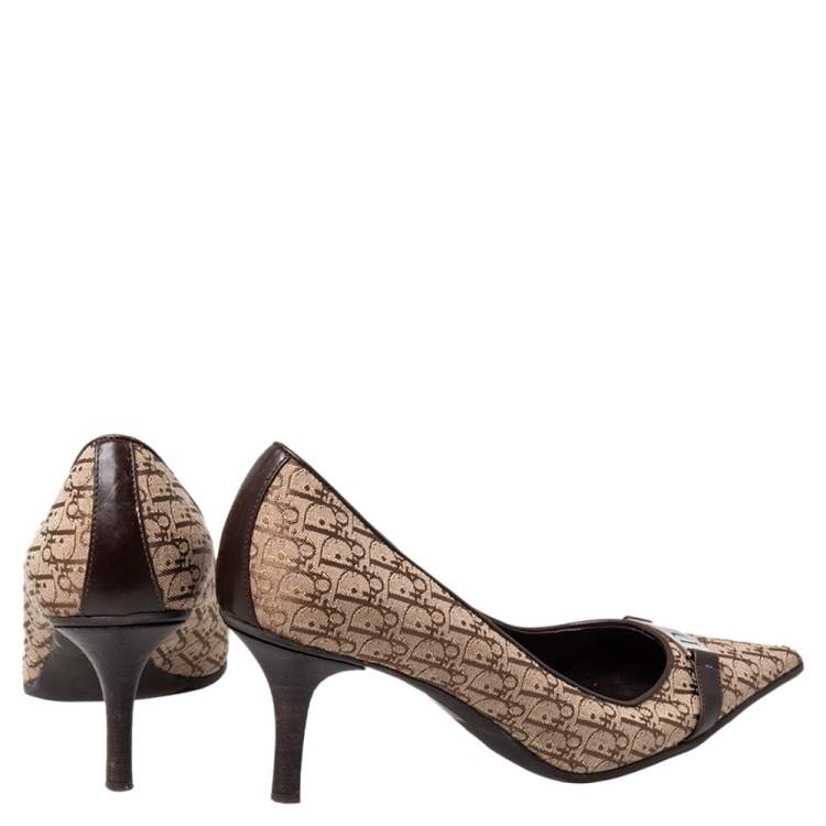 Pre Owned Dior Beige/Brown Canvas And Leather Trim Logo Embellished Pumps Size 37