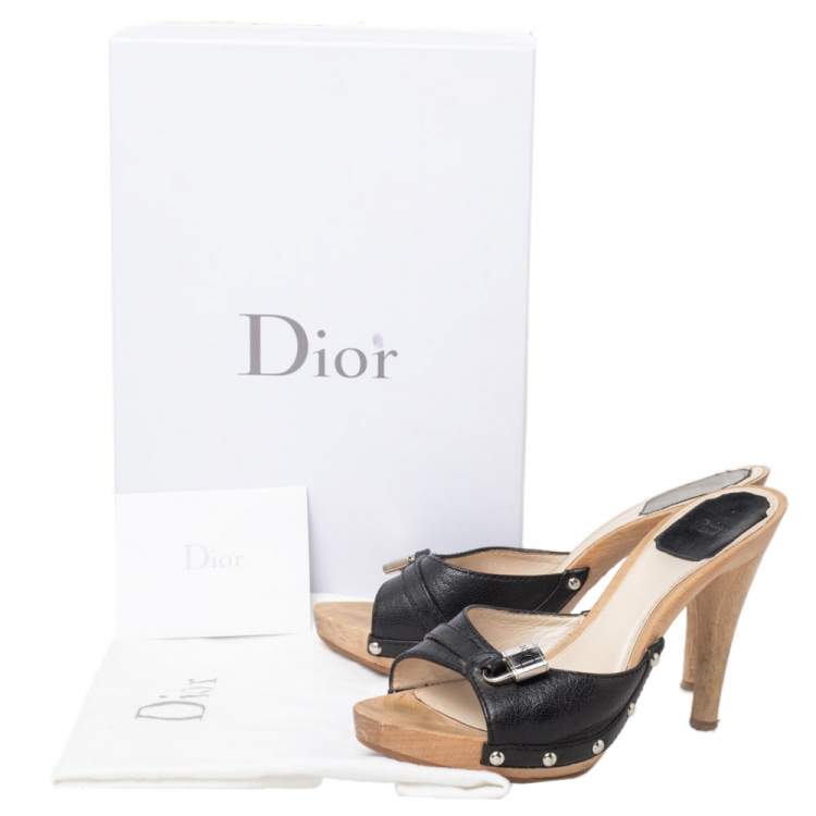 Pre Owned Dior Black Leather Wooden Clogs Size 36.5 