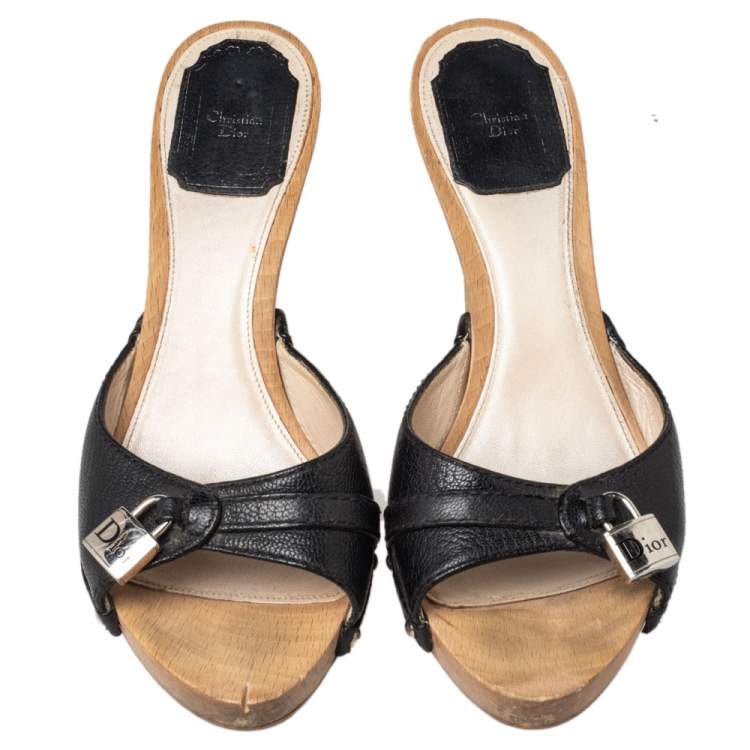 Pre Owned Dior Black Leather Wooden Clogs Size 36.5 