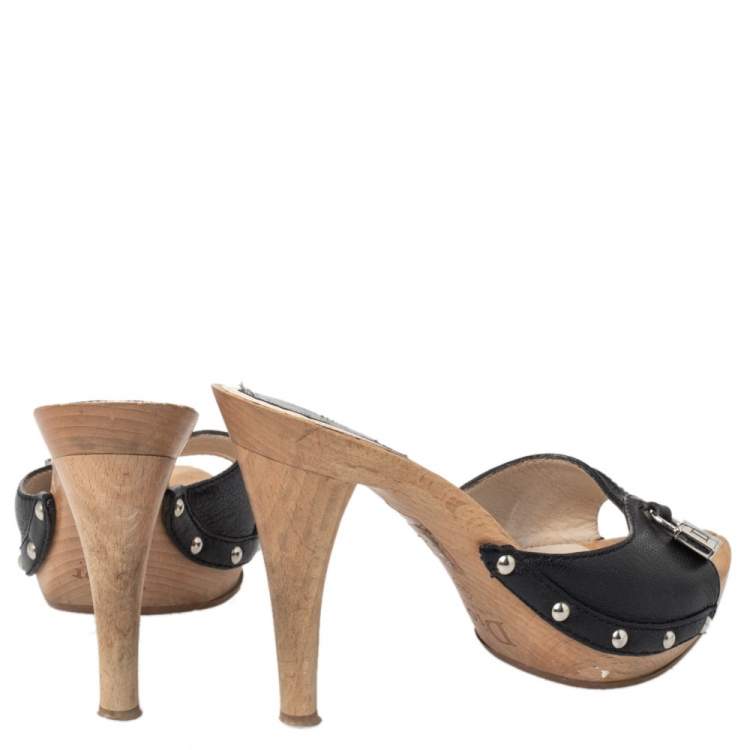 Pre Owned Dior Black Leather Wooden Clogs Size 36.5 