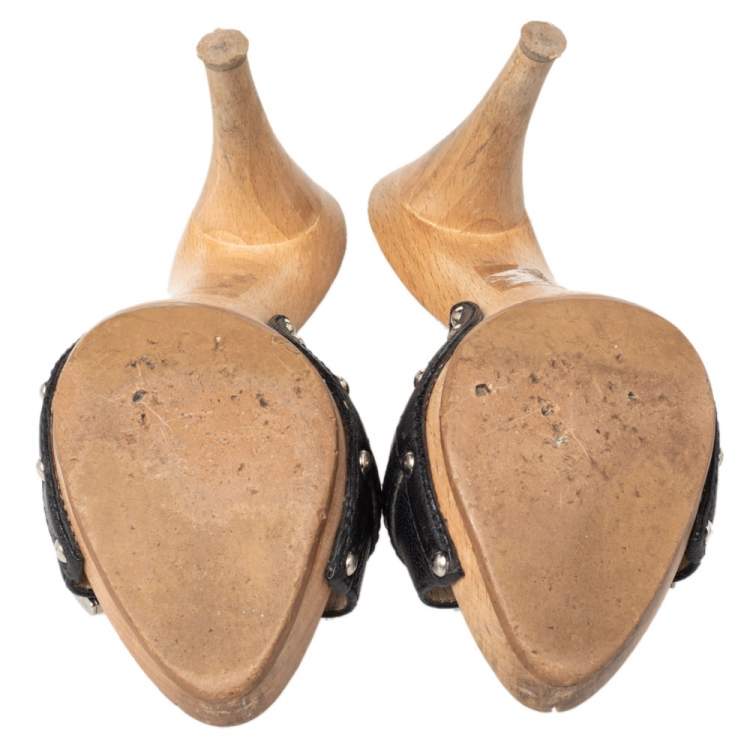 Pre Owned Dior Black Leather Wooden Clogs Size 36.5 