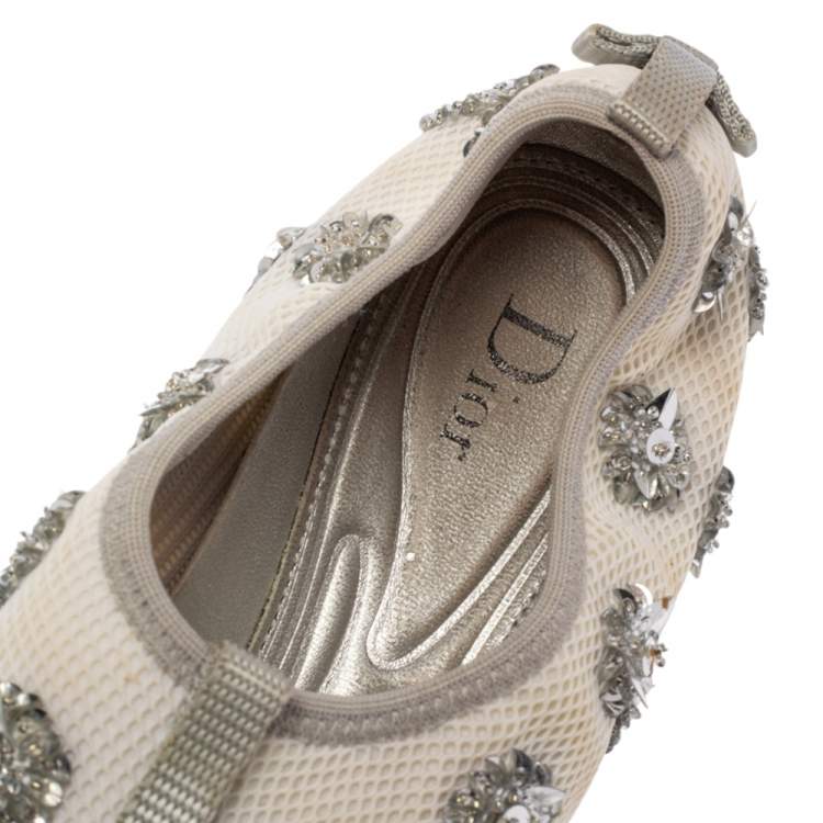 Pre Owned Dior White Mesh Fusion Floral Embellished Slip On Sneakers Size 38