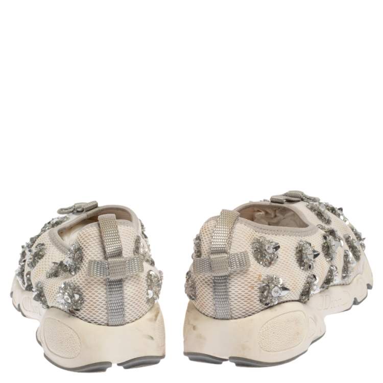 Pre Owned Dior White Mesh Fusion Floral Embellished Slip On Sneakers Size 38