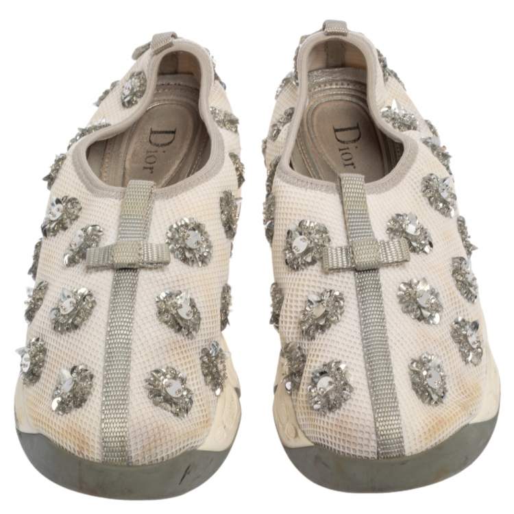 Pre Owned Dior White Mesh Fusion Floral Embellished Slip On Sneakers Size 38