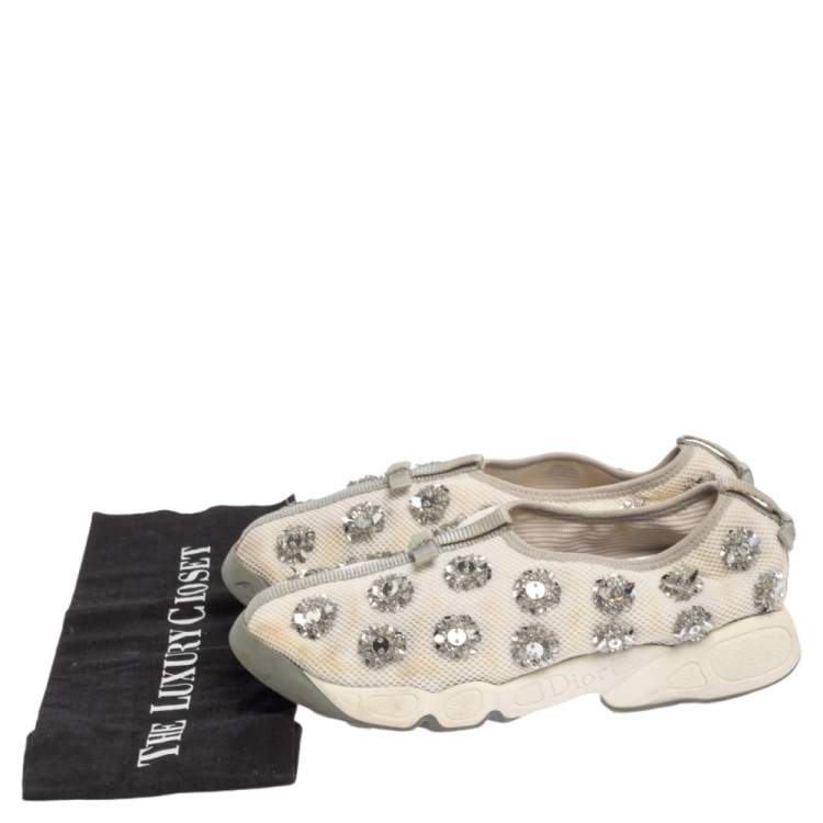 Pre Owned Dior White Mesh Fusion Floral Embellished Slip On Sneakers Size 38