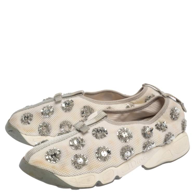 Pre Owned Dior White Mesh Fusion Floral Embellished Slip On Sneakers Size 38