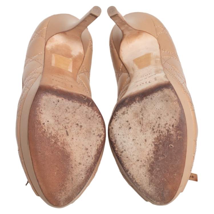 Pre Owned Dior Beige Cannage Leather Bow Peep Toe Platform Pumps Size 38.5
