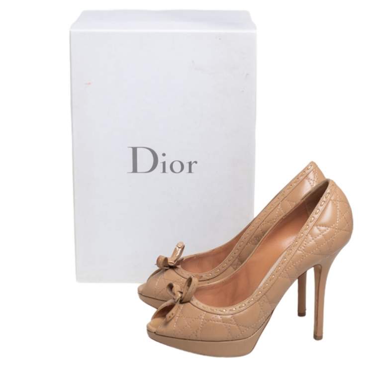 Pre Owned Dior Beige Cannage Leather Bow Peep Toe Platform Pumps Size 38.5
