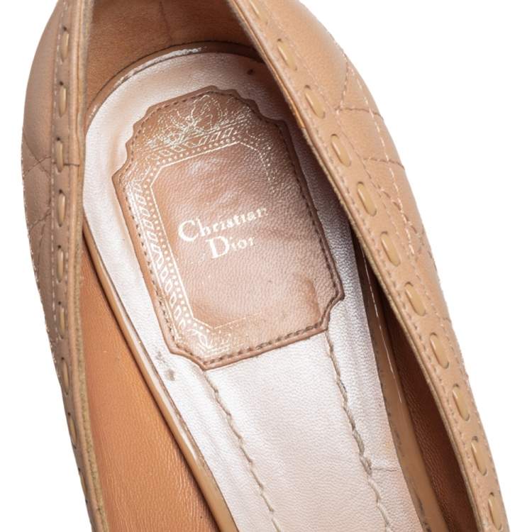 Pre Owned Dior Beige Cannage Leather Bow Peep Toe Platform Pumps Size 38.5
