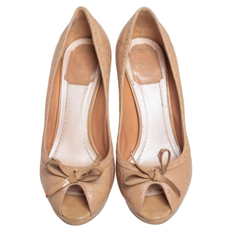 Pre Owned Dior Beige Cannage Leather Bow Peep Toe Platform Pumps Size 38.5