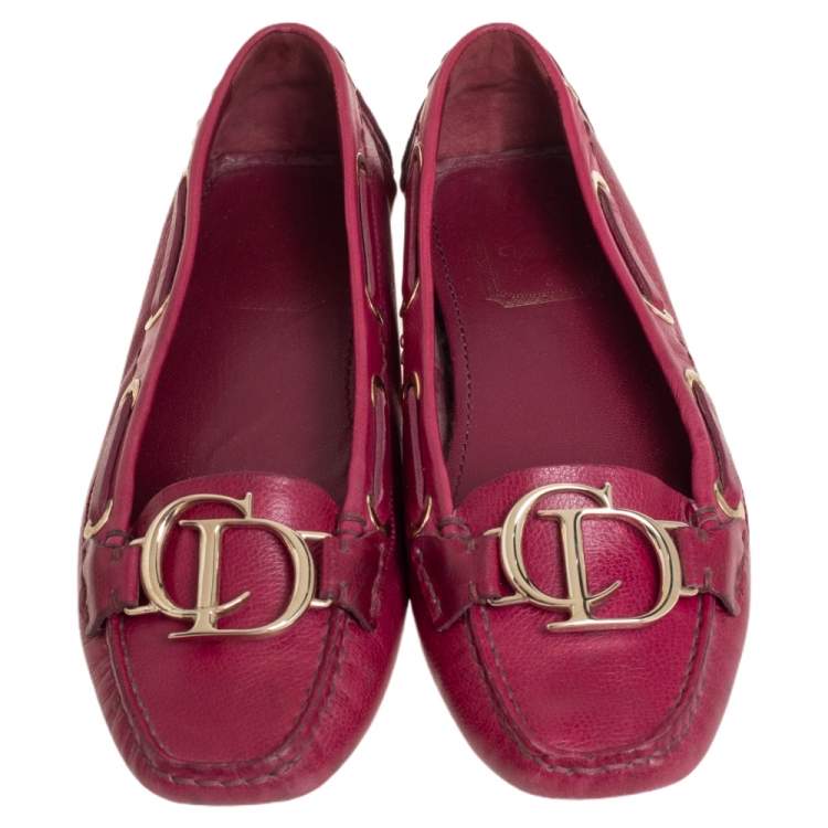 Pre Owned Dior Pink Leather CD Logo Slip On Loafers Size 37.5