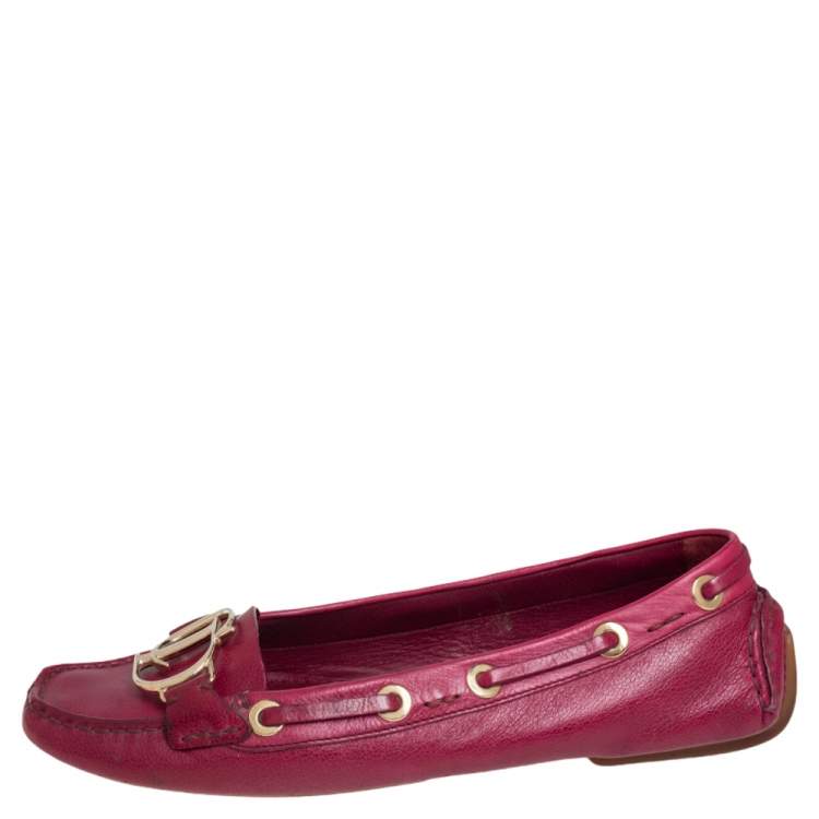 Pre Owned Dior Pink Leather CD Logo Slip On Loafers Size 37.5