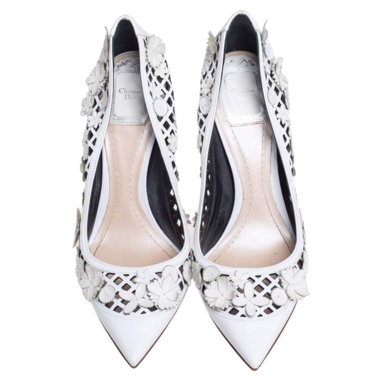 مملوكة مسبقًا Dior White Leather Laser Cut Floral Embellished Pointed Toe Pumps Size 37.5