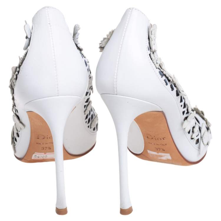 مملوكة مسبقًا Dior White Leather Laser Cut Floral Embellished Pointed Toe Pumps Size 37.5
