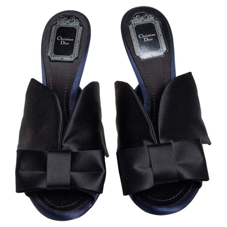 Pre Owned Dior Blue/Black Satin Bow Tie Slide Sandals Size 38.5