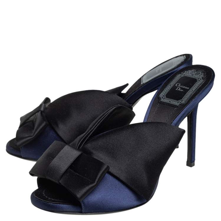 Pre Owned Dior Blue/Black Satin Bow Tie Slide Sandals Size 38.5