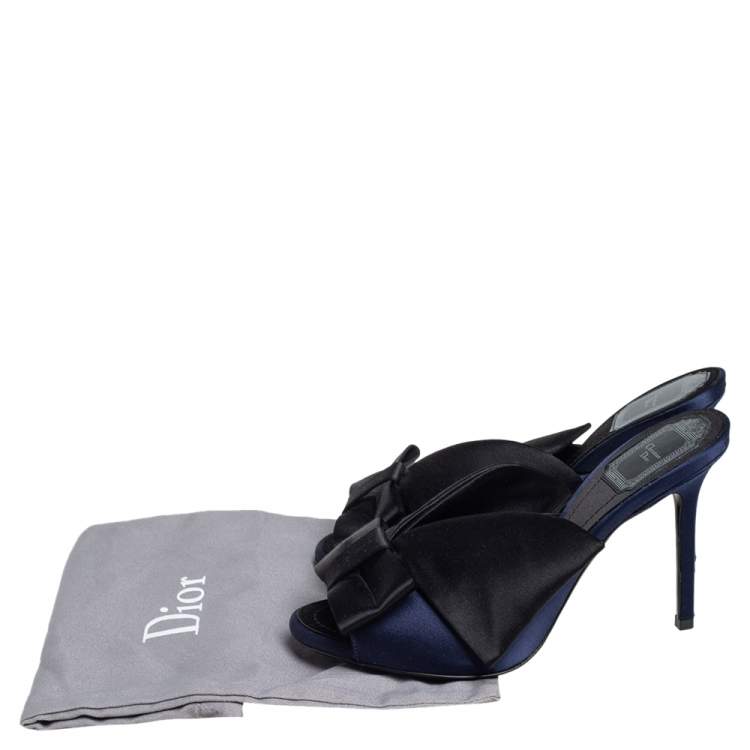 Pre Owned Dior Blue/Black Satin Bow Tie Slide Sandals Size 38.5