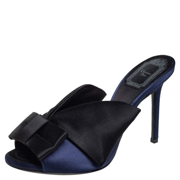 Pre Owned Dior Blue/Black Satin Bow Tie Slide Sandals Size 38.5
