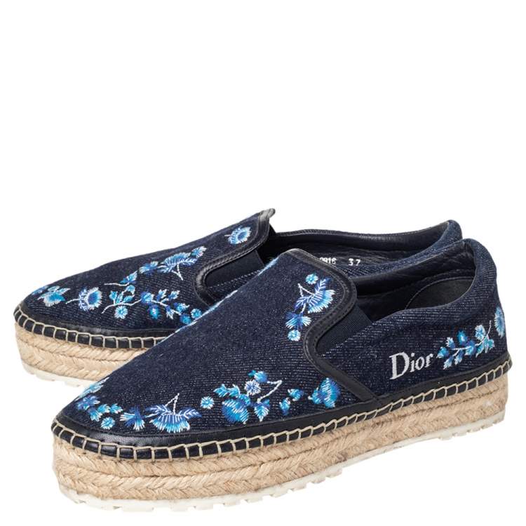 Pre Owned Dior Blue Floral Embroidered Denim Prairie Espadrille Flats Size 37