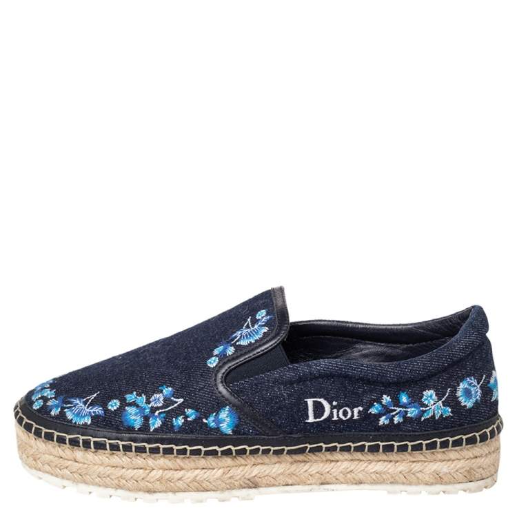 Pre Owned Dior Blue Floral Embroidered Denim Prairie Espadrille Flats Size 37