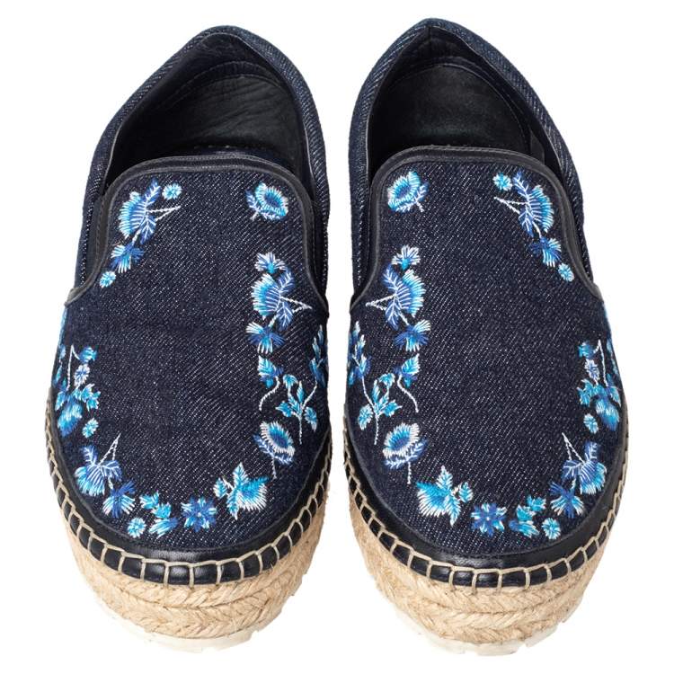 Pre Owned Dior Blue Floral Embroidered Denim Prairie Espadrille Flats Size 37