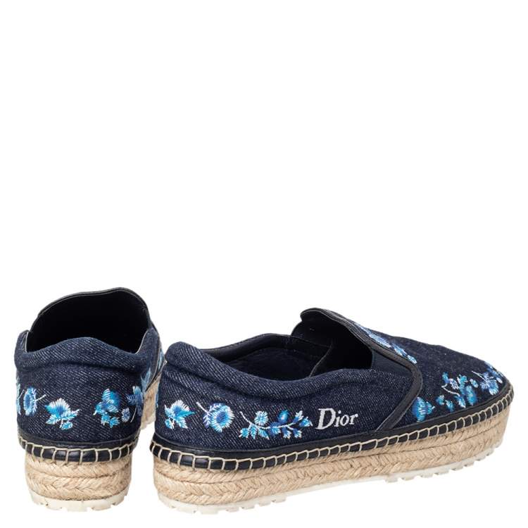 Pre Owned Dior Blue Floral Embroidered Denim Prairie Espadrille Flats Size 37