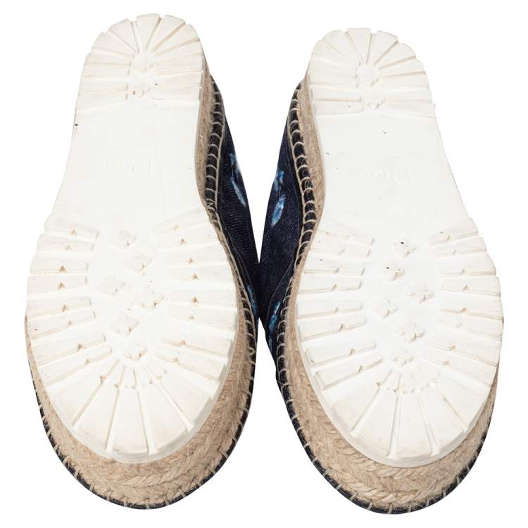 Pre Owned Dior Blue Floral Embroidered Denim Prairie Espadrille Flats Size 37