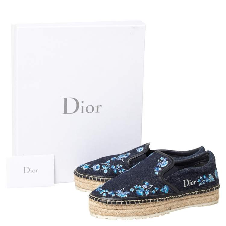 Pre Owned Dior Blue Floral Embroidered Denim Prairie Espadrille Flats Size 37