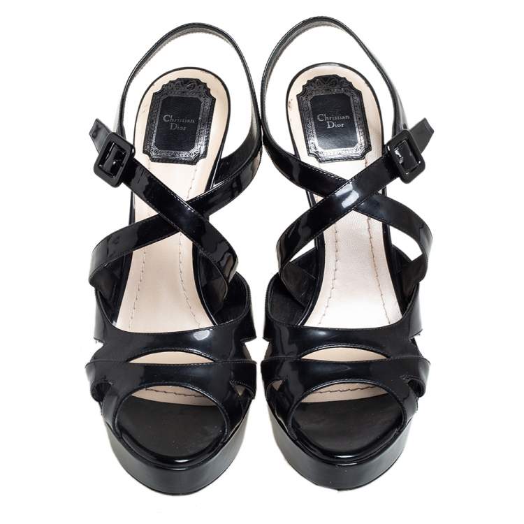 Pre Owned Dior Black Patent Leather Cannage Heel Platform Sandals Size 40