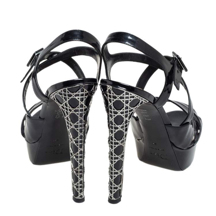 Pre Owned Dior Black Patent Leather Cannage Heel Platform Sandals Size 40