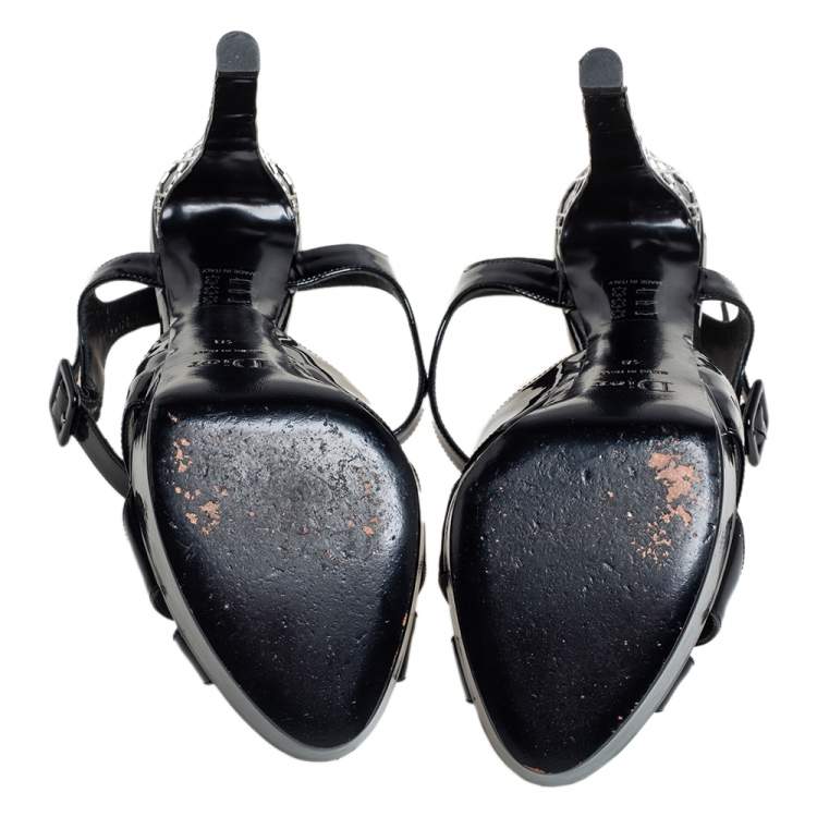 Pre Owned Dior Black Patent Leather Cannage Heel Platform Sandals Size 40